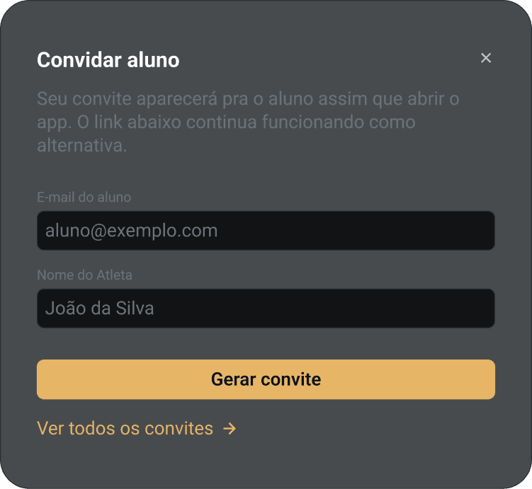 Painel do Appollo Coach mostrando o link de convite personalizado para o aluno
