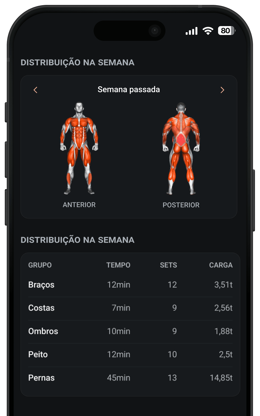 Tela do Appollo Pro mostrando o heatmap muscular por distribuição semanal