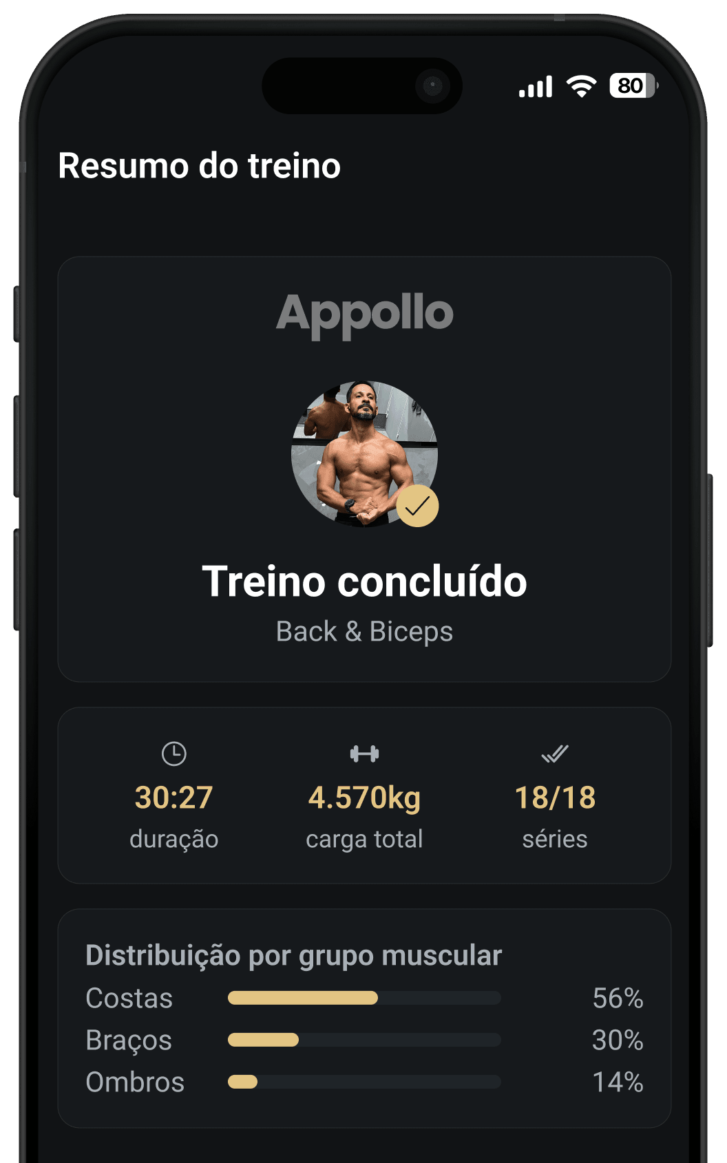 Tela do Appollo Pro mostrando o histórico de um treino